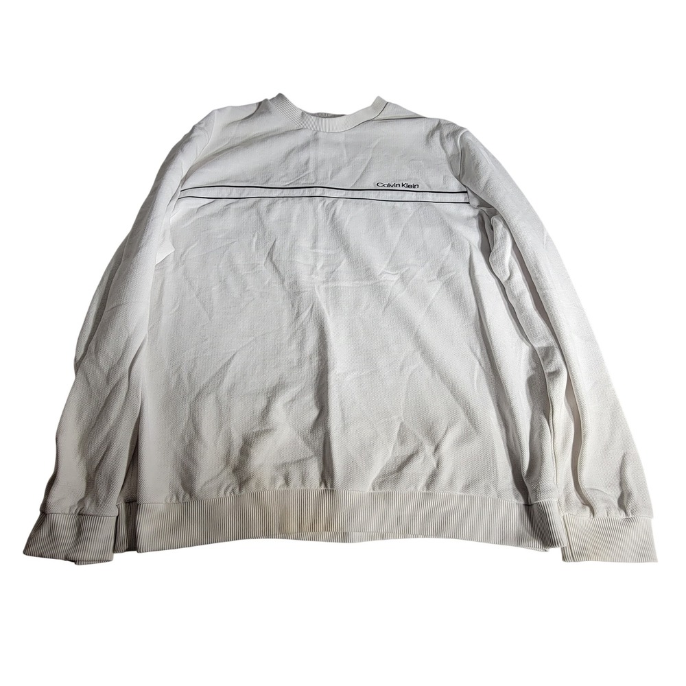 Calvin Klein Mens White Waffle Knit Crewneck Sweatshirt Logo Stripe Large